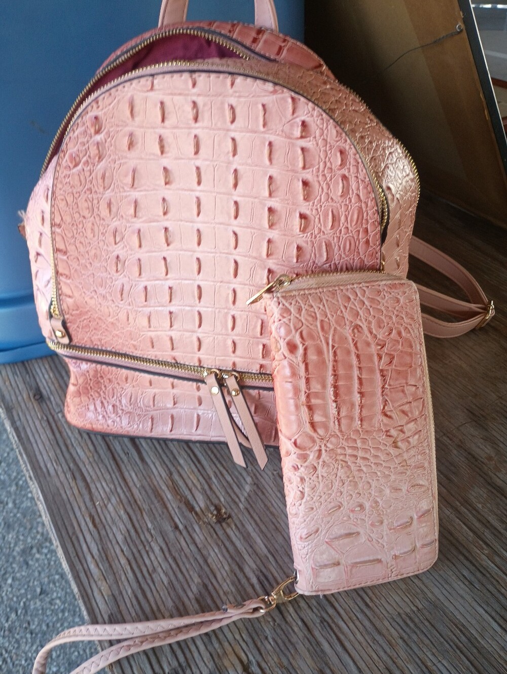 Women’s Pink Faux Leather Croc-Embossed Backpack and Wallet Set